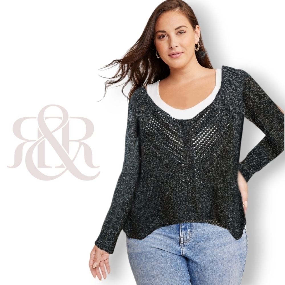Rock & Republic Black Openwork Metallic Knit Dip Hem Sweater 